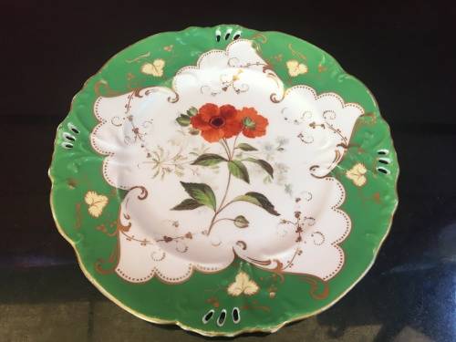 Antique Hand Painted Green & Gold Gilt Plate with Hand Painted Poppy