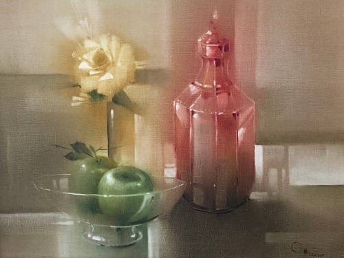 BEAUTIFUL DECOR ART !!!! FRAMED OIL ON CANVAS IN A LEATHER CLAD FRAME - SIGNED BY THE ARTIST