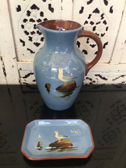Vintage Devon England Dartmouth Pottery Jug & Sweet Dish Seagull Design