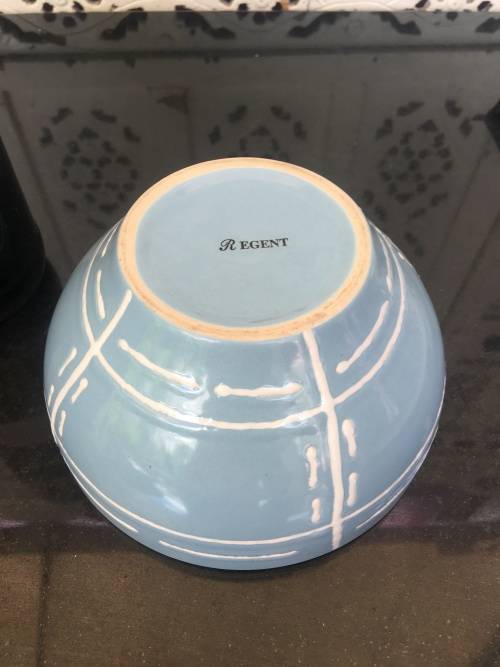 Vintage Regent Hand Painted Blue & White Art Deco Pottery Bowl with marking