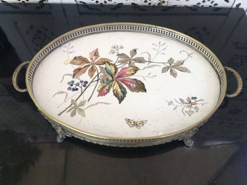 Antique Silverplate WMF Württembergische Metallwarenfabrik Gallery Tray with painted Porcelain Inlay