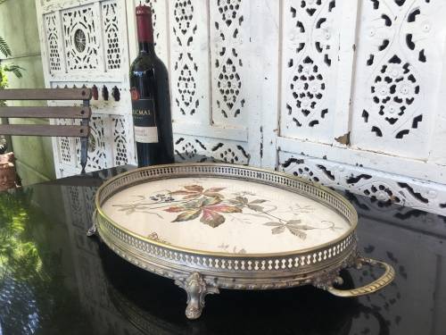 Antique Silverplate WMF Württembergische Metallwarenfabrik Gallery Tray with painted Porcelain Inlay