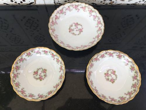 Antique Rose Elite Works St. Martial France Limoges c1920 marked Gold Gilt Frilled Bowls x 3
