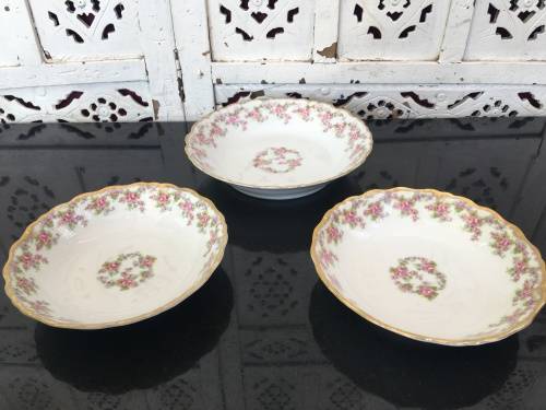Antique Rose Elite Works St. Martial France Limoges c1920 marked Gold Gilt Frilled Bowls x 3