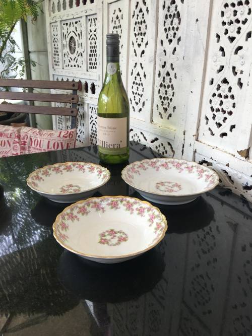 Antique Rose Elite Works St. Martial France Limoges c1920 marked Gold Gilt Frilled Bowls x 3