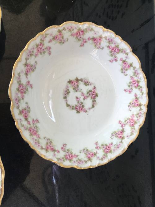 Antique Rose Elite Works St. Martial France Limoges c1920 marked Gold Gilt Frilled Bowls x 3