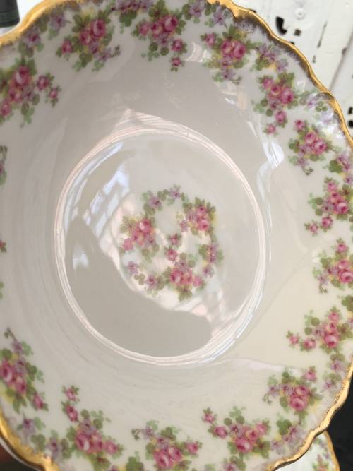 Antique Rose Elite Works St. Martial France Limoges c1920 marked Gold Gilt Frilled Bowls x 3