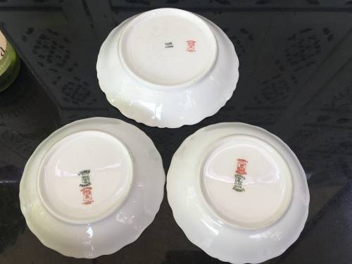Antique Rose Elite Works St. Martial France Limoges c1920 marked Gold Gilt Frilled Bowls x 3