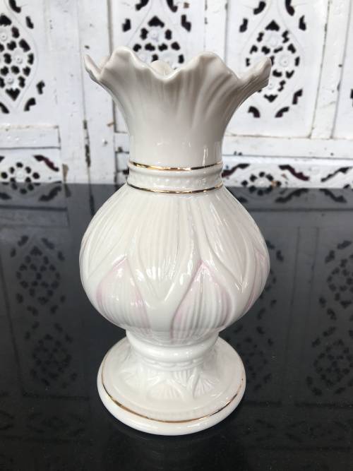 Belleek China Irish Symbols Ivory & Pink Vase. Mint Condition. 16 cm