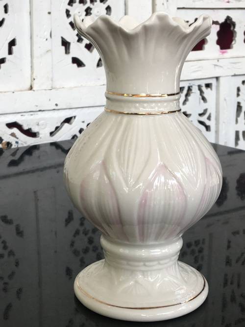 Belleek China Irish Symbols Ivory & Pink Vase. Mint Condition. 16 cm