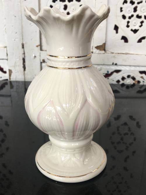Belleek China Irish Symbols Ivory & Pink Vase. Mint Condition. 16 cm