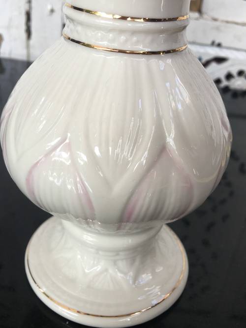 Belleek China Irish Symbols Ivory & Pink Vase. Mint Condition. 16 cm