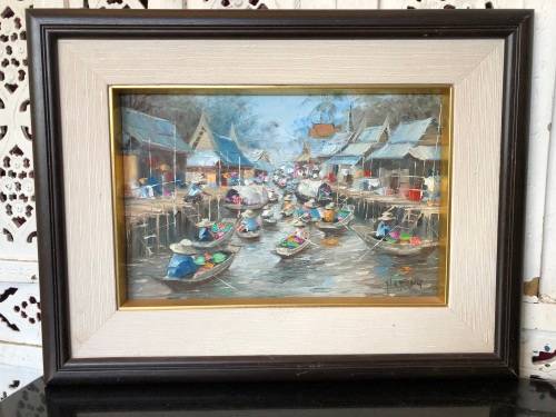 WHAT A STUNNER !!! ORIGINAL ORIENTAL OIL ON CANVAS PAINTING OF A FISHING VILLAGE BY NARONG