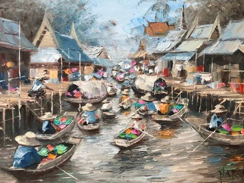WHAT A STUNNER !!! ORIGINAL ORIENTAL OIL ON CANVAS PAINTING OF A FISHING VILLAGE BY NARONG