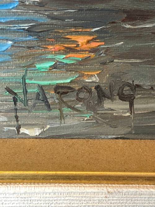 WHAT A STUNNER !!! ORIGINAL ORIENTAL OIL ON CANVAS PAINTING OF A FISHING VILLAGE BY NARONG