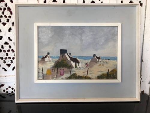 WOW !! UNSIGNED BUT STILL A STUNNING LITTLE FRAMED OIL ON BOARD OF BEACH COTTAGES