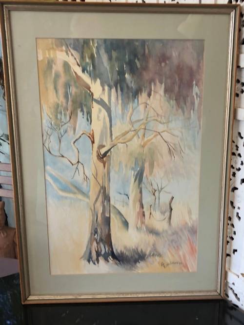 STUNNING LARGE FRAMED WATERCOLOR PAINTING OF BLUEGUM TREES DATED 1980 BY A. EIDELMAN