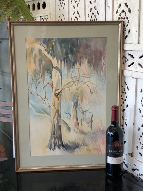 STUNNING LARGE FRAMED WATERCOLOR PAINTING OF BLUEGUM TREES DATED 1980 BY A. EIDELMAN
