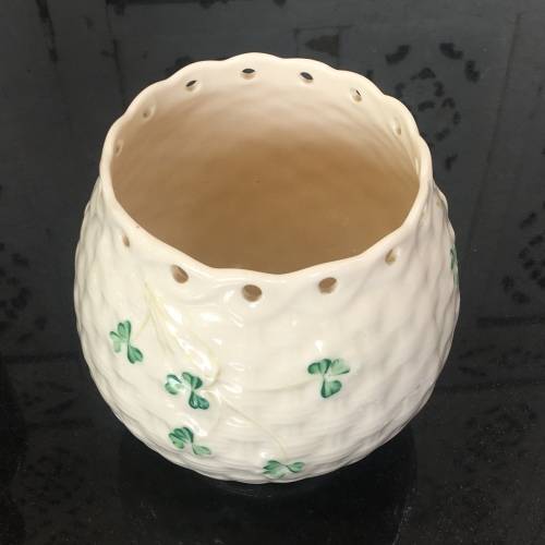 Belleek China Irish Symbols Ivory & Green Bulbous Pierced Rim Vase. Mint Condition. 12 cm