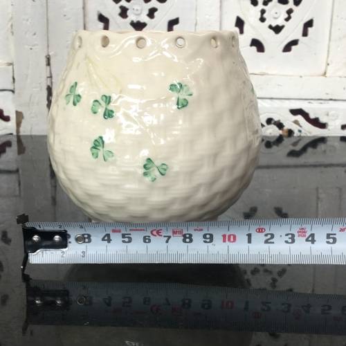 Belleek China Irish Symbols Ivory & Green Bulbous Pierced Rim Vase. Mint Condition. 12 cm