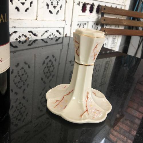 Belleek China Irish Symbols Ivory & Brown Candle Holder. Mint Condition. 12 cm