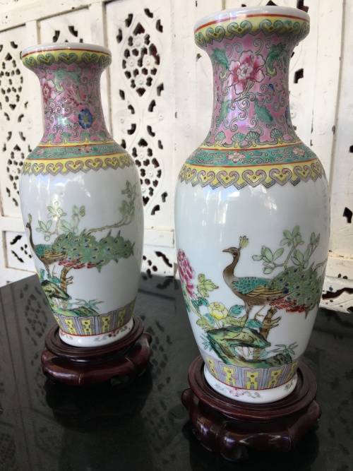Chinese Jingdeshen Fushou Brand "Famille Rose", Twin Vases- c1980-1990 Hand enameled Peacock Deco