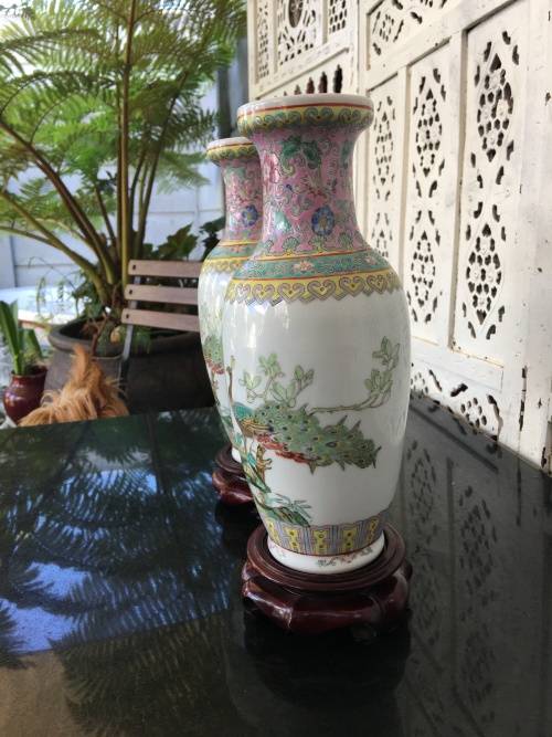 Chinese Jingdeshen Fushou Brand "Famille Rose", Twin Vases- c1980-1990 Hand enameled Peacock Deco
