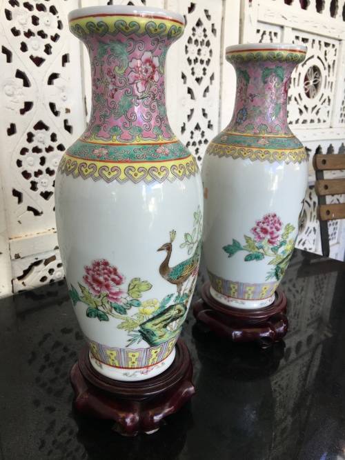 Chinese Jingdeshen Fushou Brand "Famille Rose", Twin Vases- c1980-1990 Hand enameled Peacock Deco