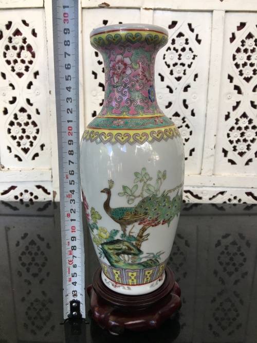 Chinese Jingdeshen Fushou Brand "Famille Rose", Twin Vases- c1980-1990 Hand enameled Peacock Deco