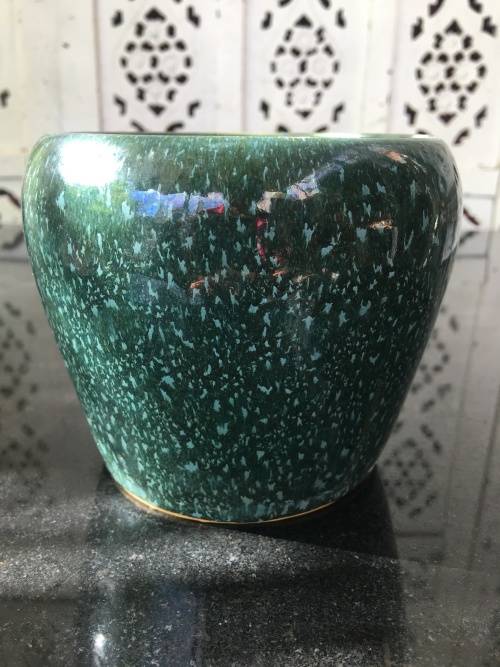Antique Amber Glass Frog in Speckled Green & Blue Vase. Made in England Patent no 7830/1910