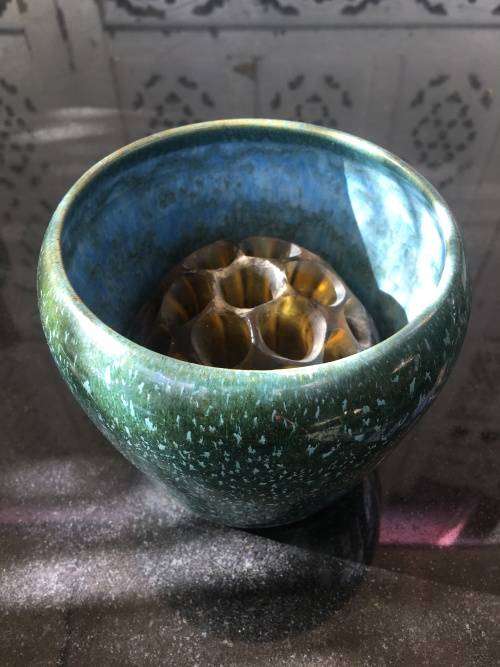 Antique Amber Glass Frog in Speckled Green & Blue Vase. Made in England Patent no 7830/1910
