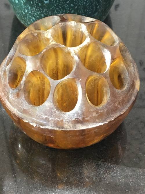 Antique Amber Glass Frog in Speckled Green & Blue Vase. Made in England Patent no 7830/1910