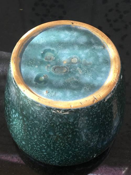 Antique Amber Glass Frog in Speckled Green & Blue Vase. Made in England Patent no 7830/1910