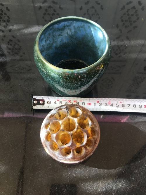 Antique Amber Glass Frog in Speckled Green & Blue Vase. Made in England Patent no 7830/1910