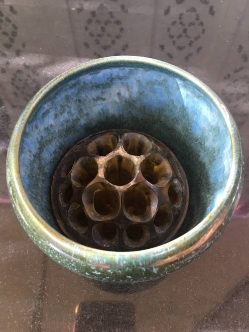 Antique Amber Glass Frog in Speckled Green & Blue Vase. Made in England Patent no 7830/1910