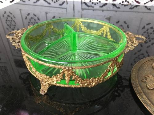 Wow!!!!! Grand Antique Bronze Lidded Ormolu Mounted Green Uranium Glass Candy Divider Dish