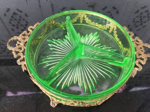 Wow!!!!! Grand Antique Bronze Lidded Ormolu Mounted Green Uranium Glass Candy Divider Dish