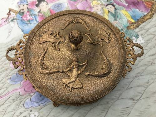 Wow!!!!! Grand Antique Bronze Lidded Ormolu Mounted Green Uranium Glass Candy Divider Dish