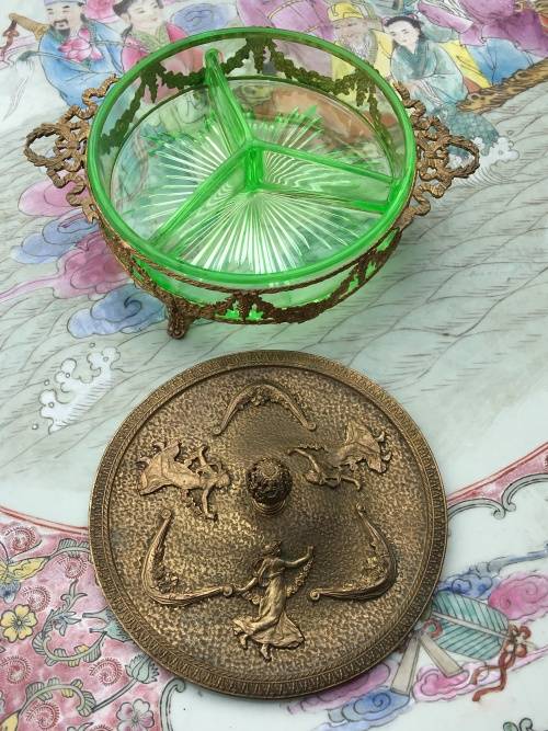 Wow!!!!! Grand Antique Bronze Lidded Ormolu Mounted Green Uranium Glass Candy Divider Dish