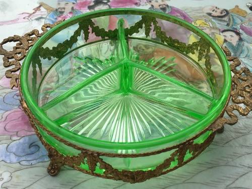Wow!!!!! Grand Antique Bronze Lidded Ormolu Mounted Green Uranium Glass Candy Divider Dish