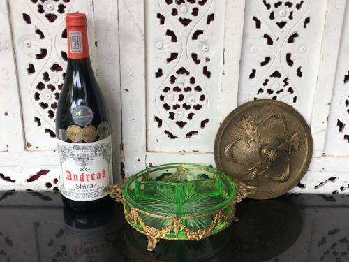Wow!!!!! Grand Antique Bronze Lidded Ormolu Mounted Green Uranium Glass Candy Divider Dish