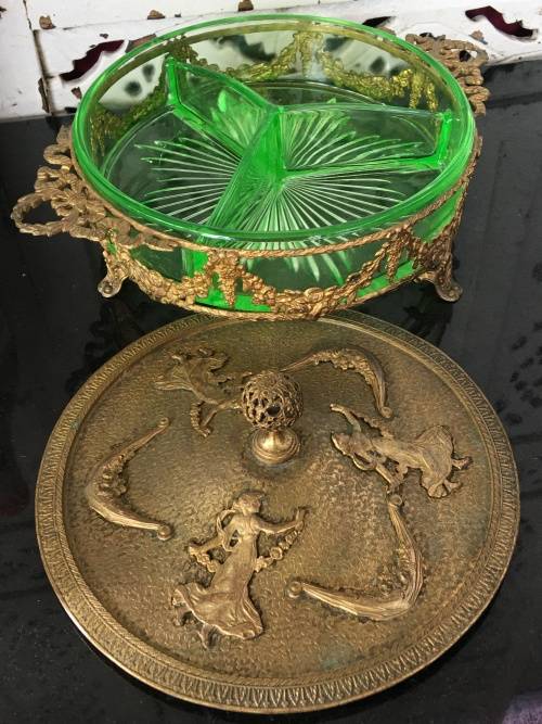 Wow!!!!! Grand Antique Bronze Lidded Ormolu Mounted Green Uranium Glass Candy Divider Dish