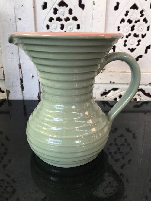 Stoneware Lovatts England Art Deco c1920-1950 Pink & Green Ribbed Water Jug 1lt