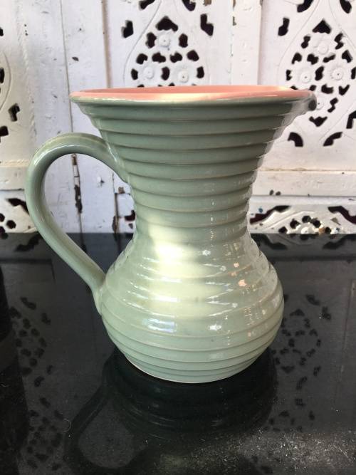 Stoneware Lovatts England Art Deco c1920-1950 Pink & Green Ribbed Water Jug 1lt
