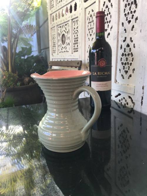 Stoneware Lovatts England Art Deco c1920-1950 Pink & Green Ribbed Water Jug 1lt