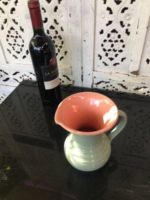 Stoneware Lovatts England Art Deco c1920-1950 Pink & Green Ribbed Water Jug 1lt