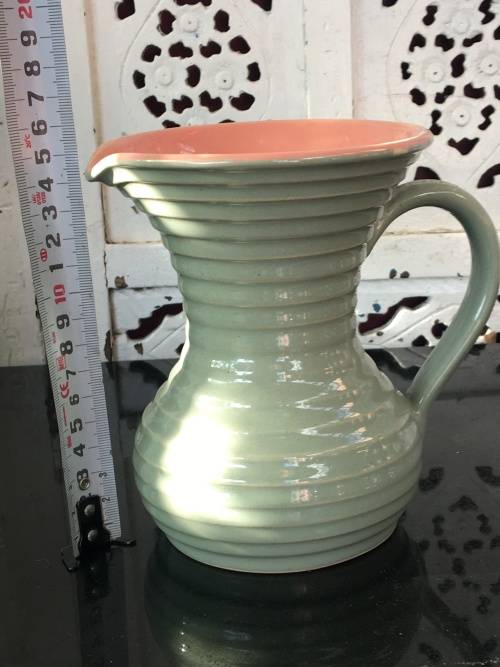 Stoneware Lovatts England Art Deco c1920-1950 Pink & Green Ribbed Water Jug 1lt