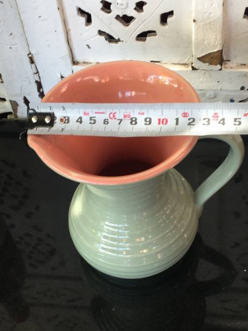 Stoneware Lovatts England Art Deco c1920-1950 Pink & Green Ribbed Water Jug 1lt