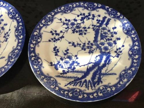 2 Old Japanese Blue Hand Painted Cherry Blossom Porcelain 18.5 cm Plates