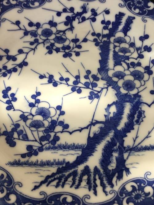 2 Old Japanese Blue Hand Painted Cherry Blossom Porcelain 18.5 cm Plates